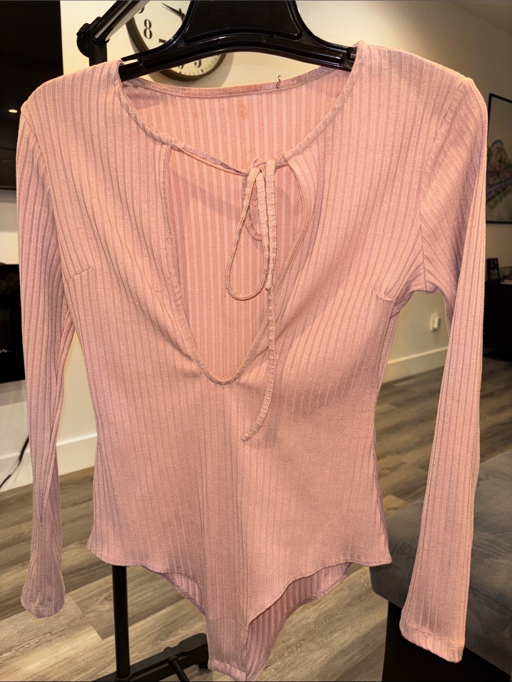 Forever 21 Ribbed Tie-Front Long Sleeve Bodysuit plunge v neck - Pink